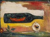 an oil painting of a bottle and a plate with a boat in it