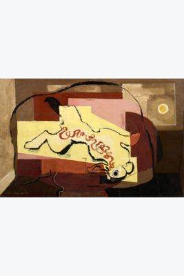 a painting of a dog laying on a couch