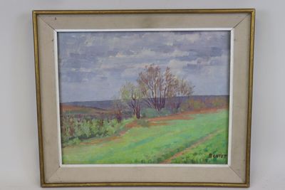 peinture représentant un paysage avec des arbres et un champ au premier plan