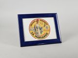 blue picture frame with a picture of a woman holding a tennis racquet