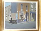 a painting of a man sitting on a bench in front of a building
