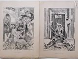 an old book with two illustrations of a man and a woman sitting on the ground