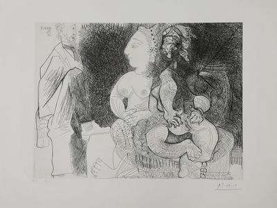 une illustration représentant une femme assise sur une chaise, avec un homme debout à côté d'elle