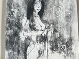 drawing of a woman in a white dress holding a flower