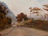 un tableau représentant un cheval et une calèche sur une route de campagne
