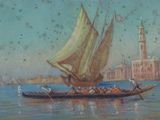 a painting of a boat in the water with a lighthouse in the background