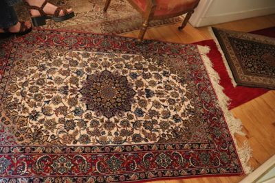 a woman sitting on a chair in a living room with a rug on the floor