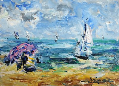 une peinture de personnes sur la plage avec des parasols