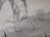 a drawing of a cat drinking from a teapot