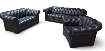Mobilier de salon Chesterfield en cuir noir capitonné