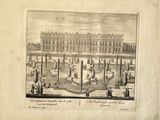 un vieux dessin représentant un palais avec une fontaine en son centre