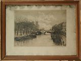 painting of a river scene with a bridge in the background