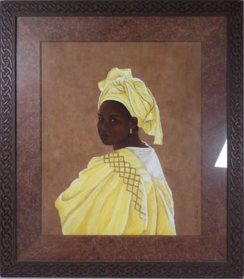 painting of a woman with a turban on her head in a brown frame