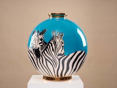 LONGWY "Zèbres" Vase boule coloniale en faïence émaillée pol…