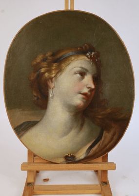 an image of a painting of a woman in a brown dress