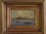 an oil painting of a boat in a body of water with a castle in the background