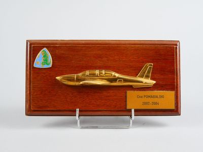 plaque en bois sur laquelle figure un avion doré sur fond blanc