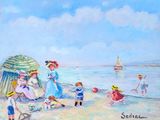 painting of a family on the beach with a boat in the background