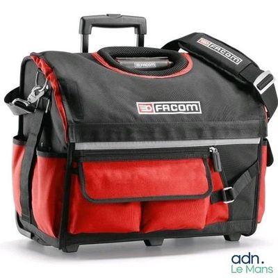 une image représentant un sac à outils rouge et noir muni d'une poignée