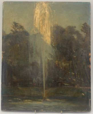 une image représentant un tableau d'une fontaine au milieu d'un lac