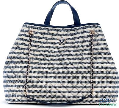 un sac à main rayé bleu et blanc avec une poignée bleue