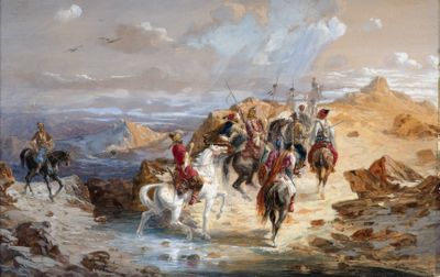 tableau représentant un groupe d'hommes traversant une rivière à cheval