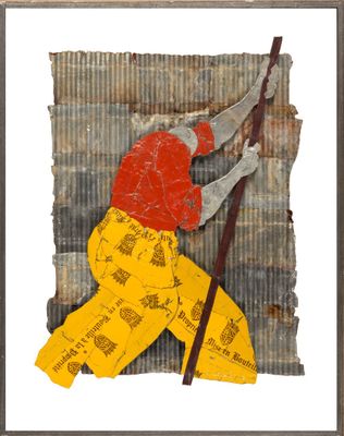 a collage of a man with a stick and yellow pants