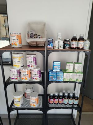 a shelf that has many different types of products on it