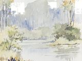 une aquarelle représentant une rivière avec des arbres et des bâtiments en arrière-plan