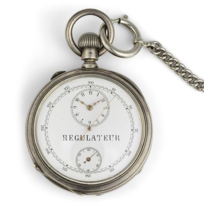a silver pocket watch with a chain on a white background
