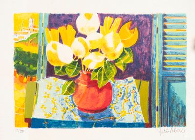 a painting of flowers in a red vase on a table