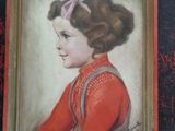 painting of a young girl in a red dress with a bow in her hair
