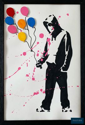 tableau représentant un homme tenant un bouquet de ballons sur fond blanc