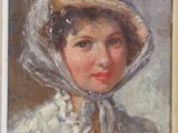 an oil painting of a young girl wearing a bonnet and a white dress