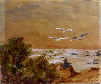 un tableau représentant un homme en train de pêcher sur la plage, avec des mouettes en arrière-plan
