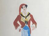 un dessin représentant un homme vêtu d'une veste rouge et d'un pantalon bleu
