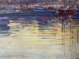 une peinture de bateaux dans l'eau sur la plage