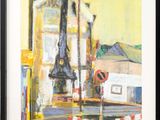 tableau représentant une scène de rue avec un panneau « Stop » et un bâtiment en arrière-plan