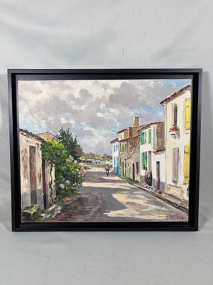 tableau représentant une rue d'une petite ville avec un vélo garé sur le bord de la route