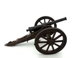 a toy cannon sitting on top of a wooden cart