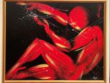 painting of a red man with a broken glass in his hand