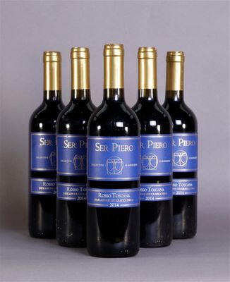 six bottles of red wine are lined up in a row