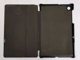 the back side of a tablet with a case open on a white surface
