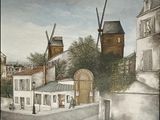 a painting of a windmill on the side of a building