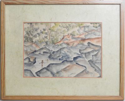 framed watercolor painting of a mountain landscape with a person on a boat