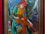 tableau représentant une femme coiffée d'un chapeau rouge, assise sur un banc