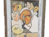 une image représentant un tableau où l'on voit un homme coiffé d'une toque de chef, avec des beignets posés sur une table