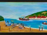 tableau représentant une scène de plage avec des bateaux et des maisons au bord de l'eau