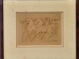 drawing of a group of people on horseback in a wood frame