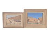 two paintings of a man and a woman in front of a mountain